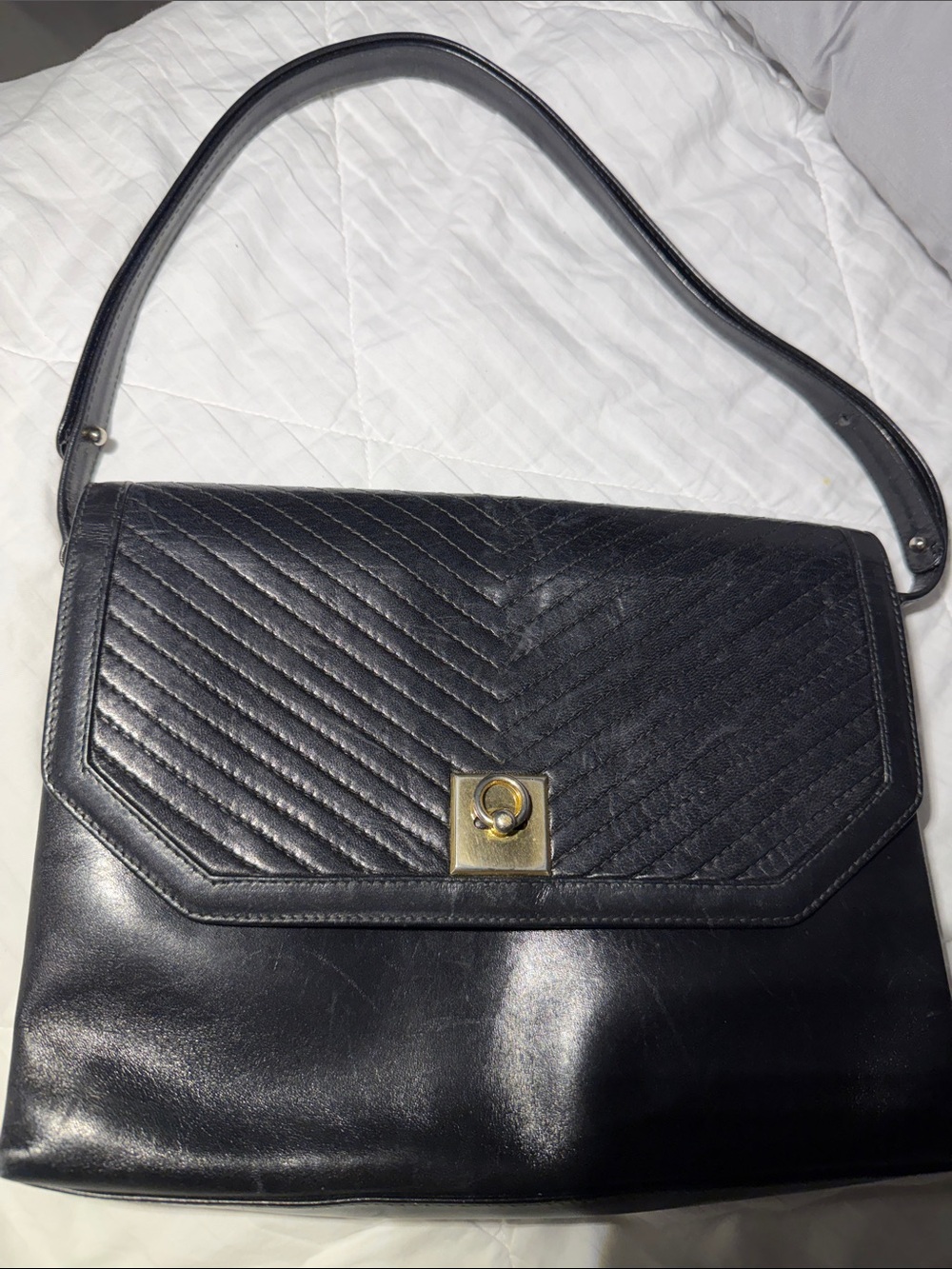 Black Chevron-Detail Shoulder Bag with Gold Turn Lock